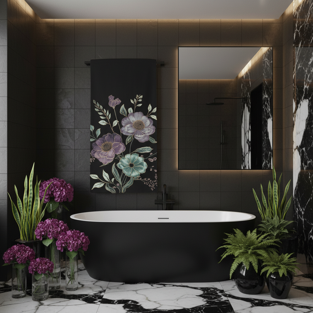Elegant floral towel hanging on black tiled wall showing complete design, sleek black bathtub, purple blooms, sage green plants
