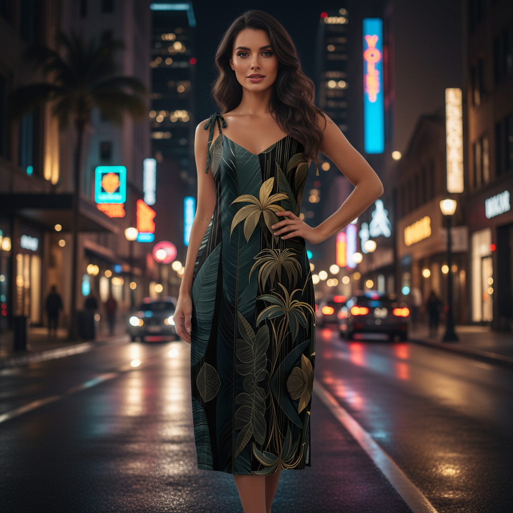 Elegant Hispanic woman in emerald green and gold jungle midi slip dress on glamorous city street at night