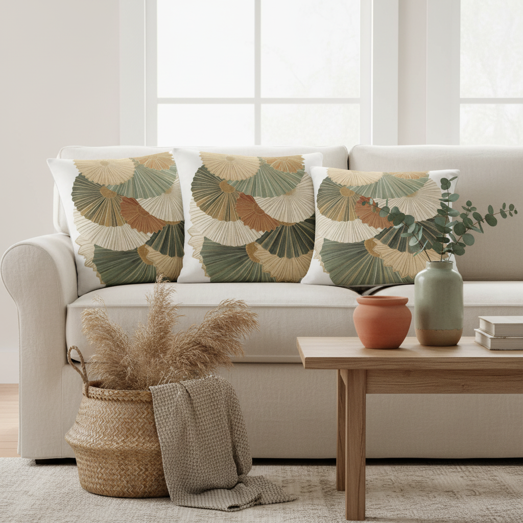 Elegant living room with Botanical Fan Elegance square pillows