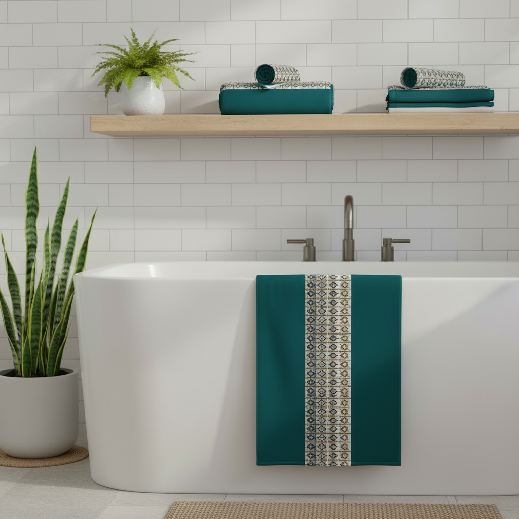 Elegant spa bathroom with teal geometric towel over white bathtub