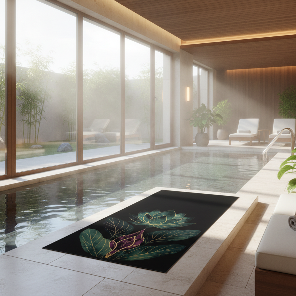 Elegant spa pool with lotus towel on heated edge with steam and natural light