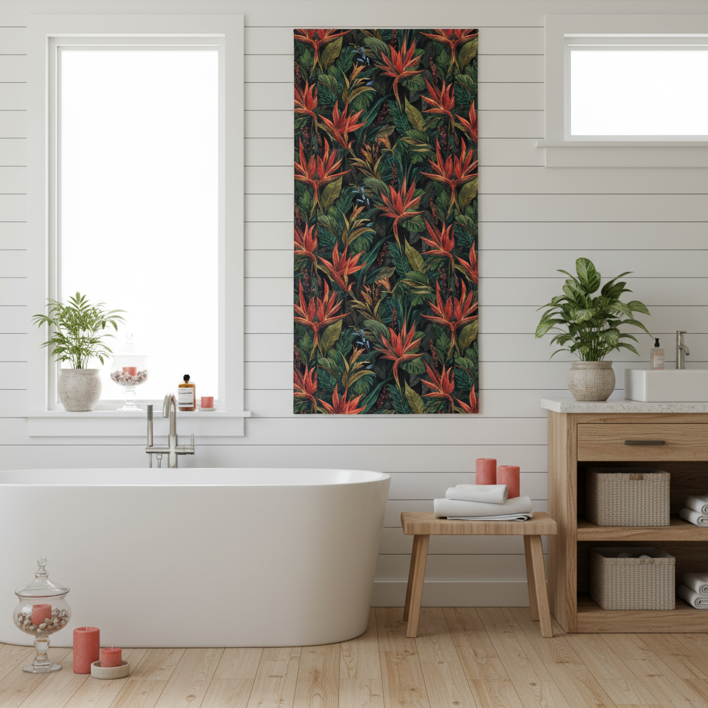 Elegant sunny bathroom with tropical beach towel with coral red flowers and green palm leaves hanging vertically on white shiplap wall, white bathtub, natural wood furniture, woven baskets, lush green plants, coral red candles, bright daylight, luxurious sophisticated beach house aesthetic