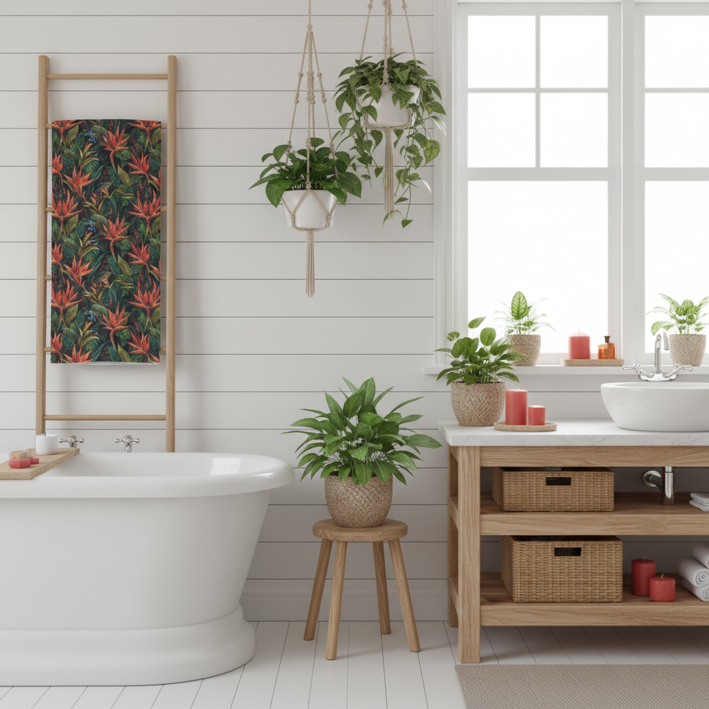 Elegant sunny bathroom with tropical beach towel with coral red flowers and green palm leaves hanging vertically, white bathtub, natural wood furniture, woven baskets, green plants, coral red candles, white shiplap walls, luxurious beach house aesthetic
