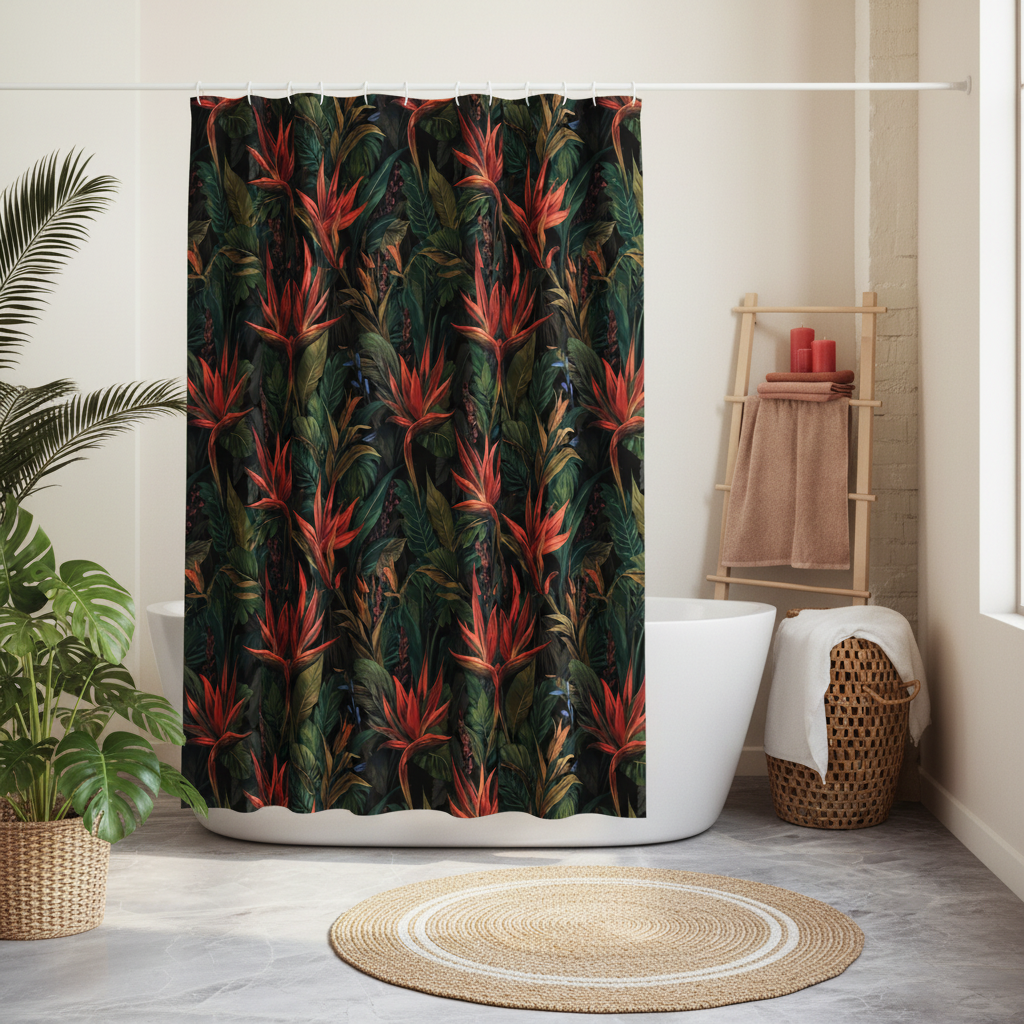 Elegant sunny tropical bathroom with shower curtain with coral red flowers and green palm leaves, white bathtub, natural wood furniture, woven baskets, lush green plants, coral red candles and towels, jute rug, bright daylight