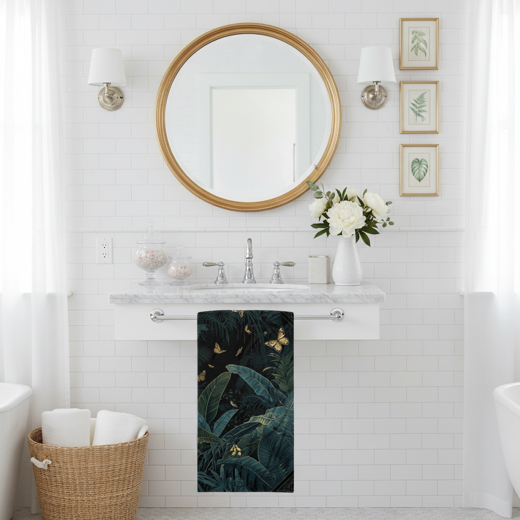 Elegant white bathroom with midnight botanical beach towel and decorative accessories