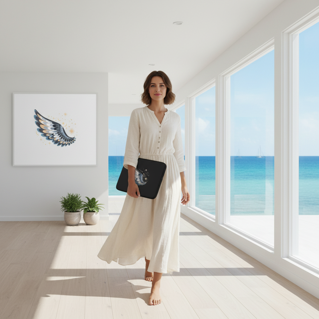 Elegant woman carrying Night Wing laptop sleeve through coastal home
