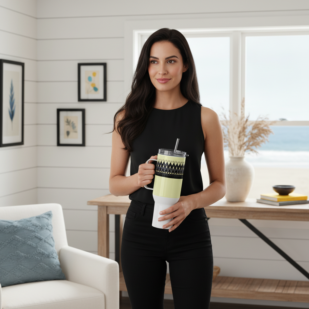 Elegant woman holding yellow black geometric travel mug in coastal interior