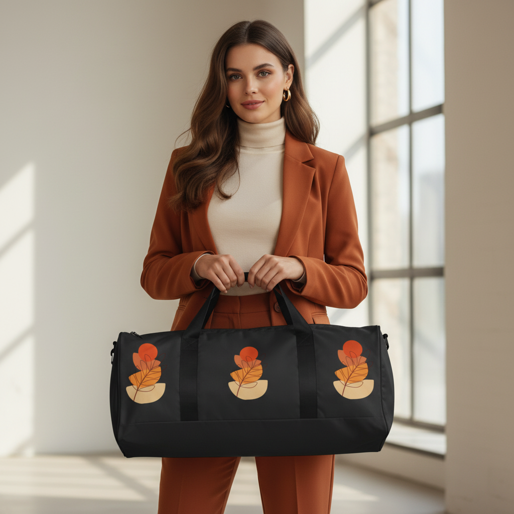 Elegant woman in terracotta outfit holding black duffle bag with autumn leaf pattern clearly visible