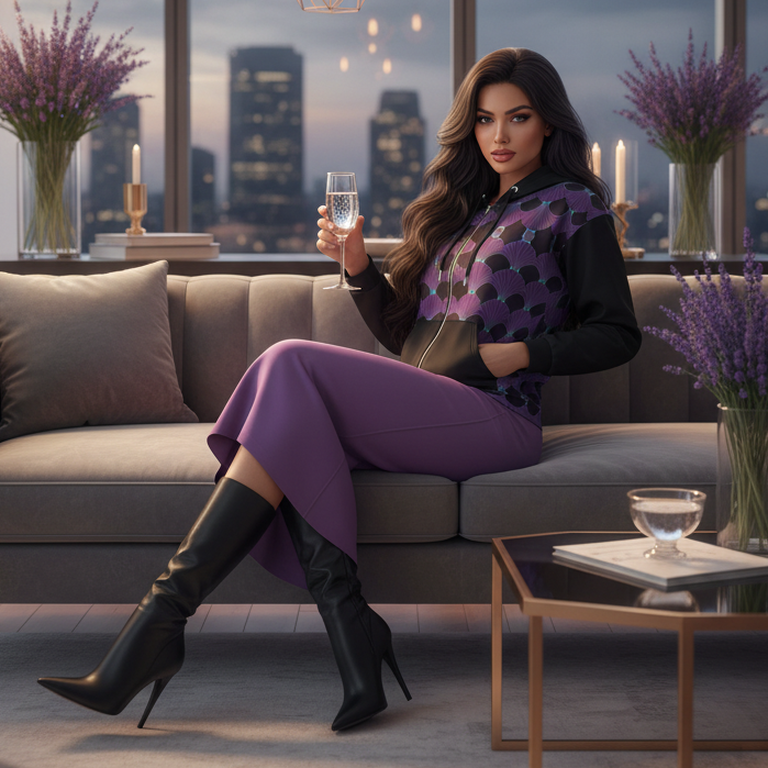 Elegant woman with long hair in purple art deco hoodie and purple athletic skirt in opulent lounge