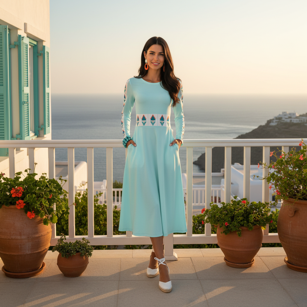 Elegant woman with long hair in turquoise geometric dress with white espadrilles and coral earrings on coastal villa terrace with ocean view
