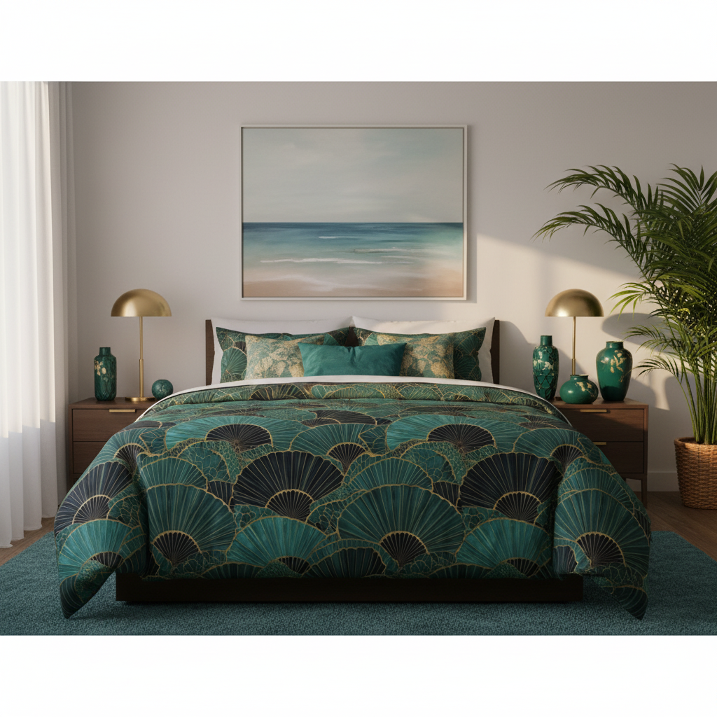 Emerald comforter with coastal artwork and plants
