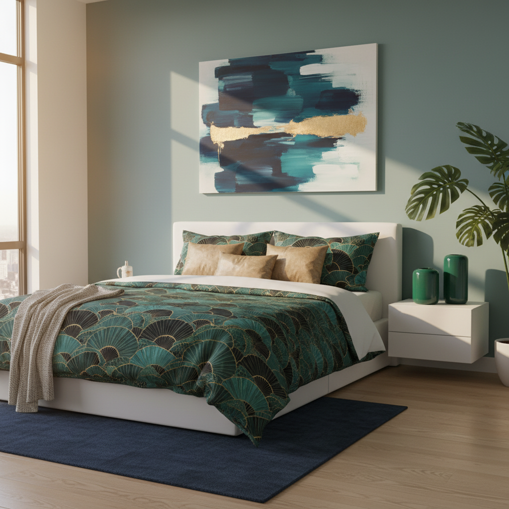 Emerald comforter with vases and tropical plant