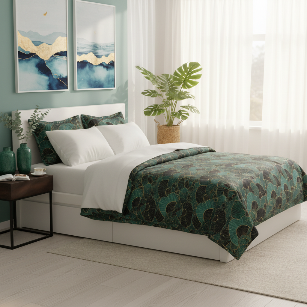 Emerald comforter with vases and tropical plants