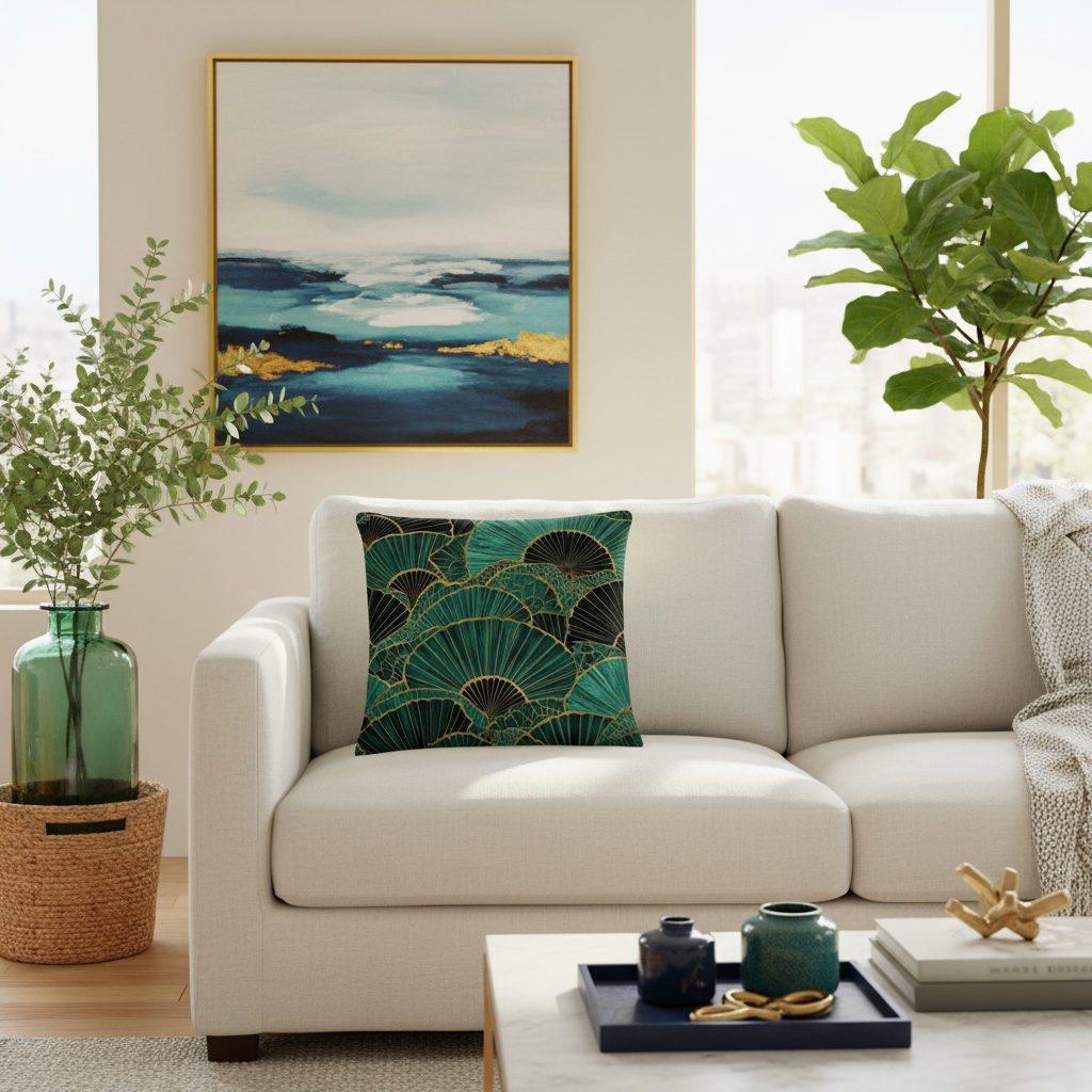 Emerald pillow with greenery and coastal painting