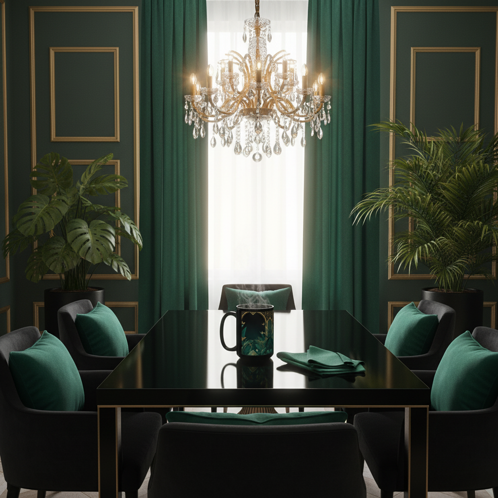 Emerald Plants mug in elegant dining room with jungle plants