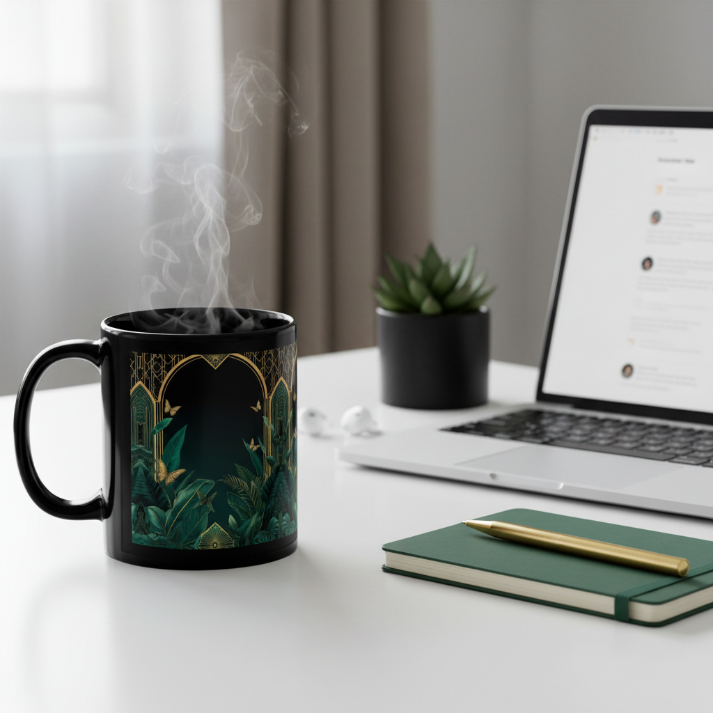 Emerald Plants mug on modern desk with laptop