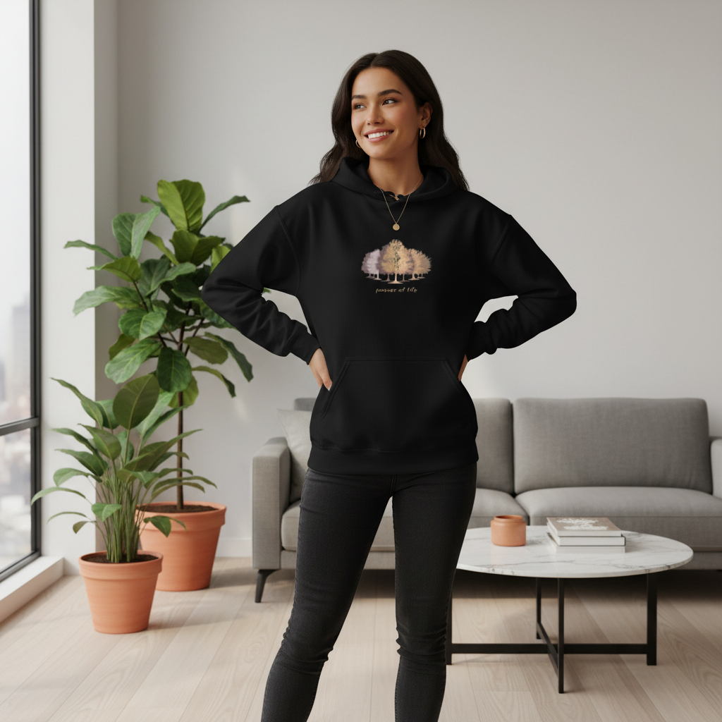 Empowered woman wearing black power of life hoodie with black jeans in minimalist interior