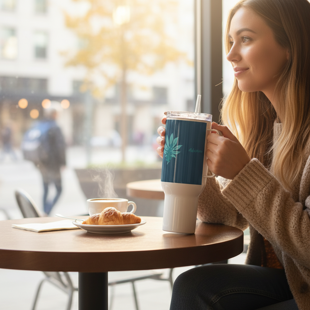 Žena s dark blue travel mug v kavárně
