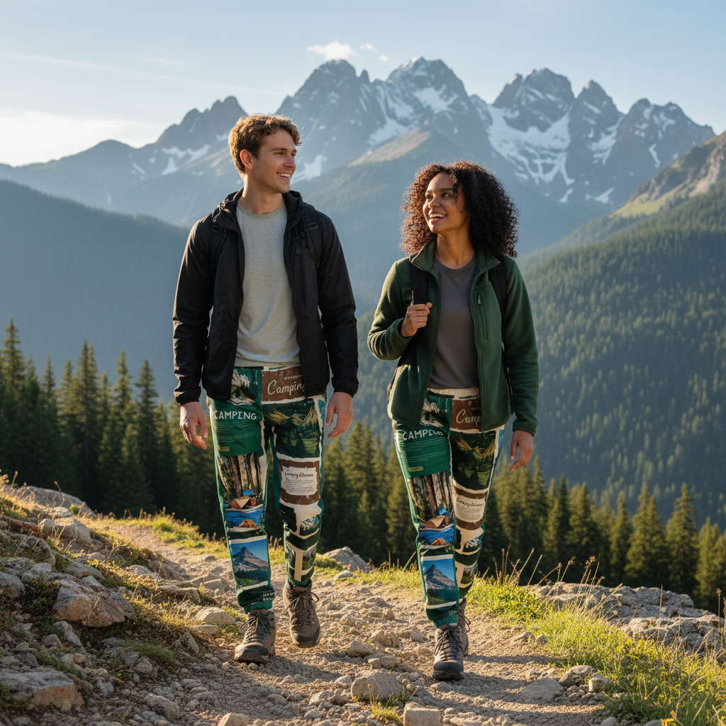 European couple hiking in mountains wearing camping track pants