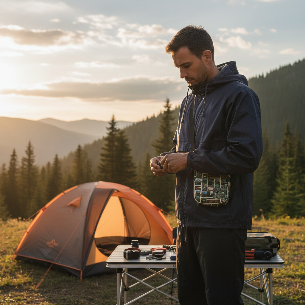 European man camping with crossbody bag close-up