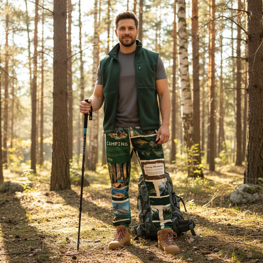 European man wearing camping track pants with front print visible in forest