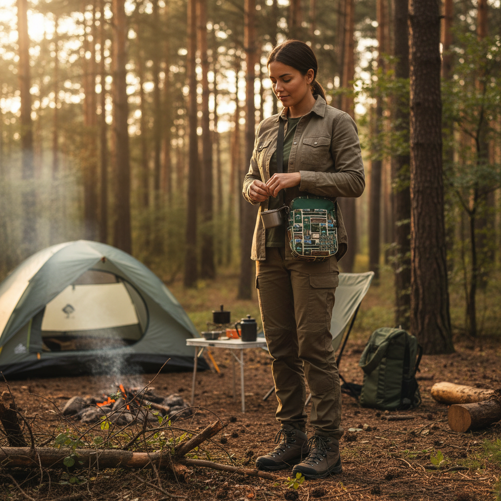 European woman camping with crossbody bag close-up