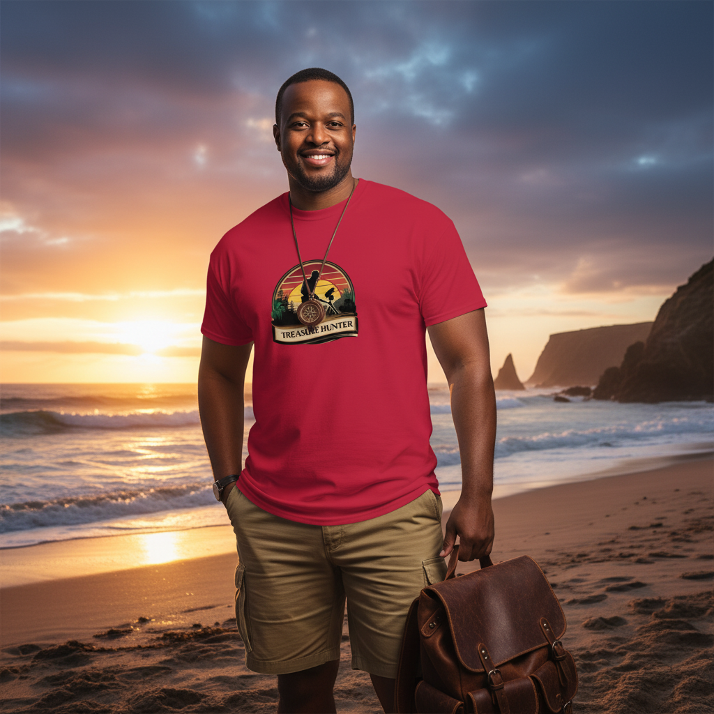 Cardinal red Treasure Hunter t-shirt with vintage sunset and metal detector silhouette - casual adventure wear for treasure hunting lovers