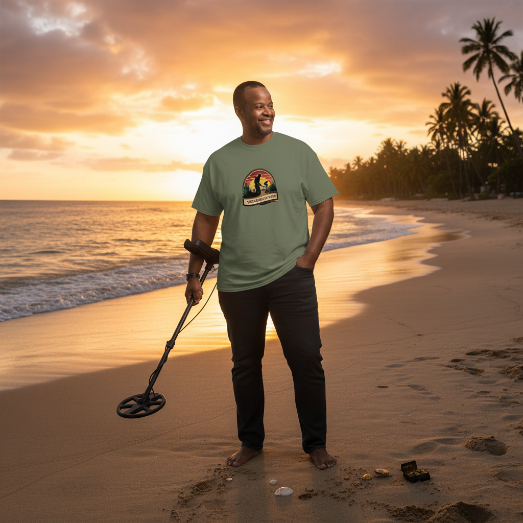 Military green Treasure Hunter t-shirt with vintage metal detector graphic and sunset stripes - outdoor adventure apparel for treasure hunting hobby