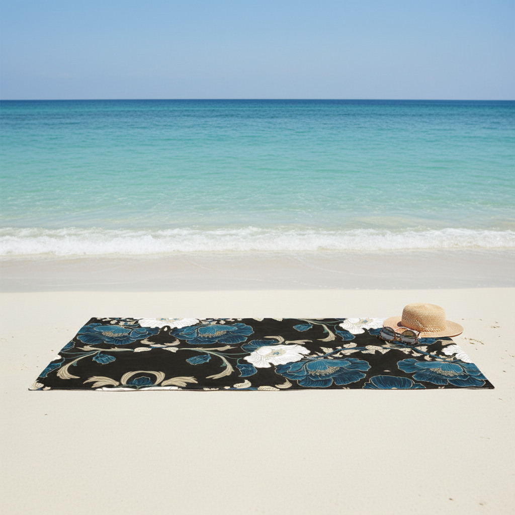 Floral beach towel with teal and white peonies laid out on white sand beach
