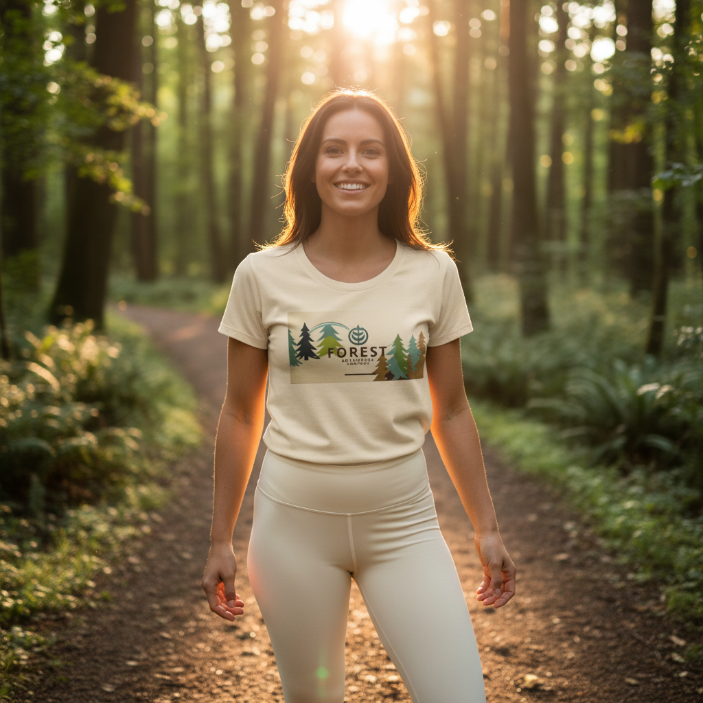 Forest adventure company t-shirt and leggings on outdoor forest path at golden hour
