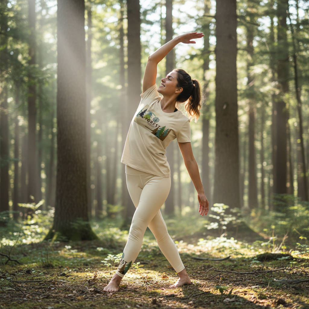 Forest adventure t-shirt and leggings outfit in outdoor nature setting with trees