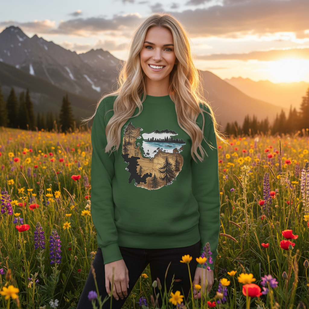 Forest green sweatshirt alpine meadow wildflowers mountain vista