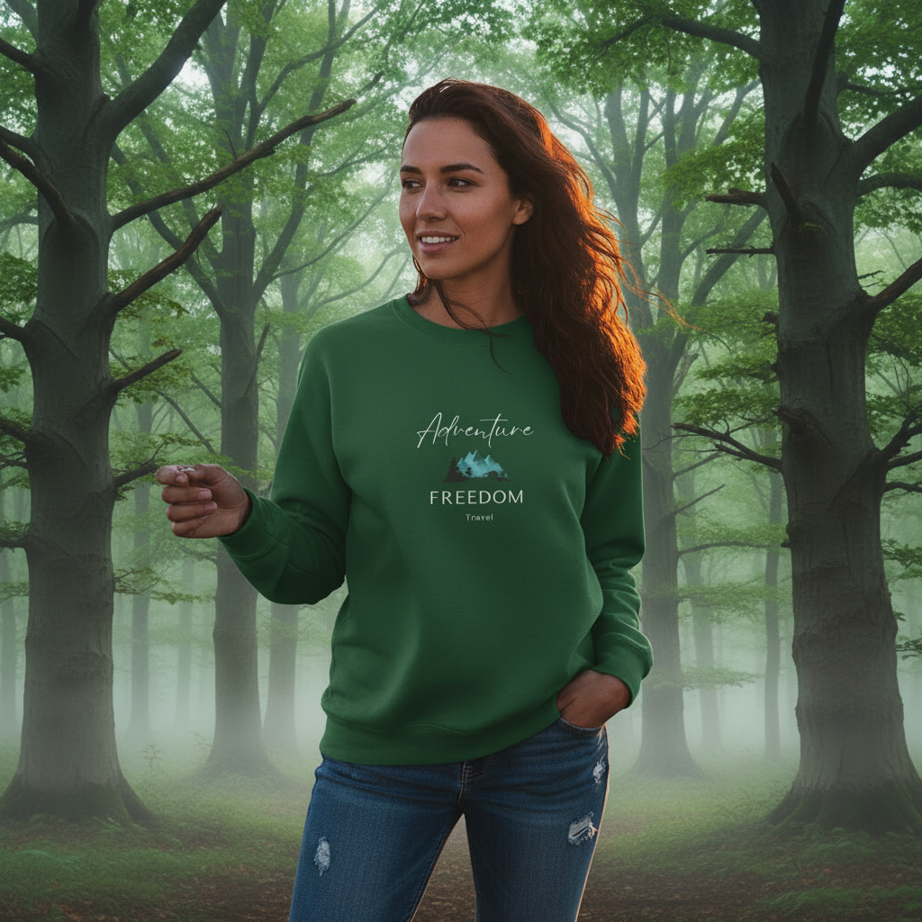 Woman in forest green Freedom Travel sweatshirt in misty woodland - Nature adventure clothing