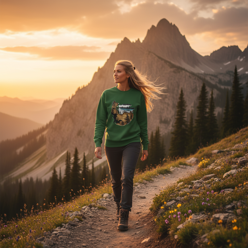 Forest green sweatshirt mountain hiking adventure