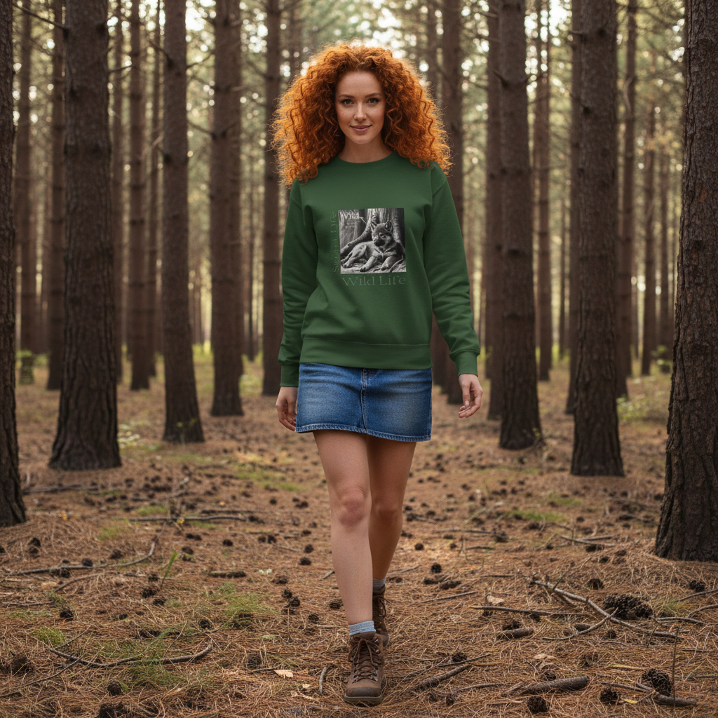 Forest green wolf sweatshirt curly red hair woman pine forest