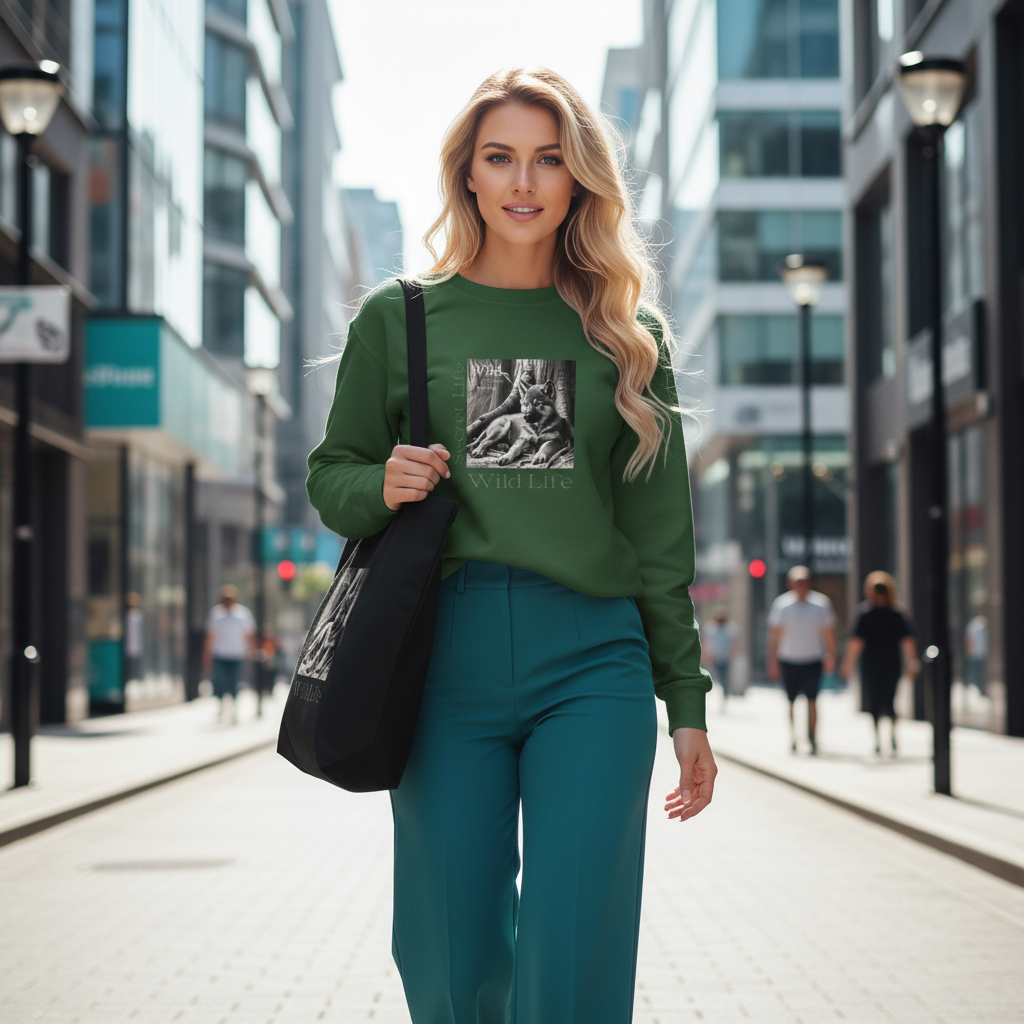 Forest green wolf sweatshirt teal pants wolf tote bag contemporary