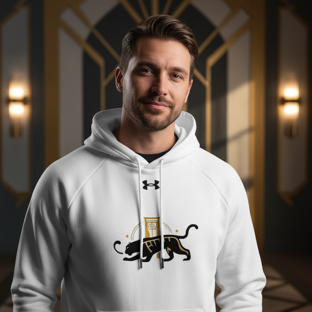 Freedom Hoodie Lifestyle - Man Close-Up Art Deco Design Visible