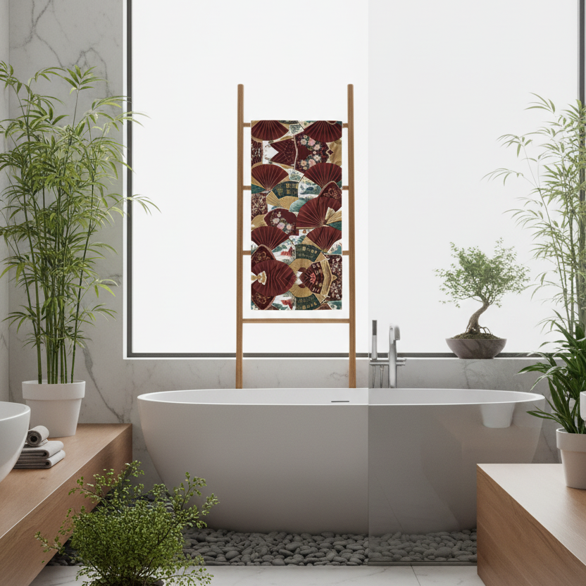 Full Beach Towel Display in Zen Bathroom