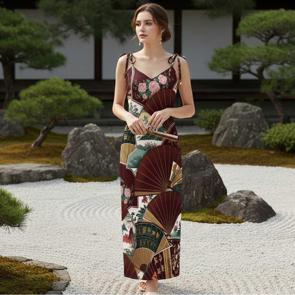 Chinese Fans Tie-strap midi dress - Zen garden lifestyle photography with Asian elegance and minimalist aesthetic
