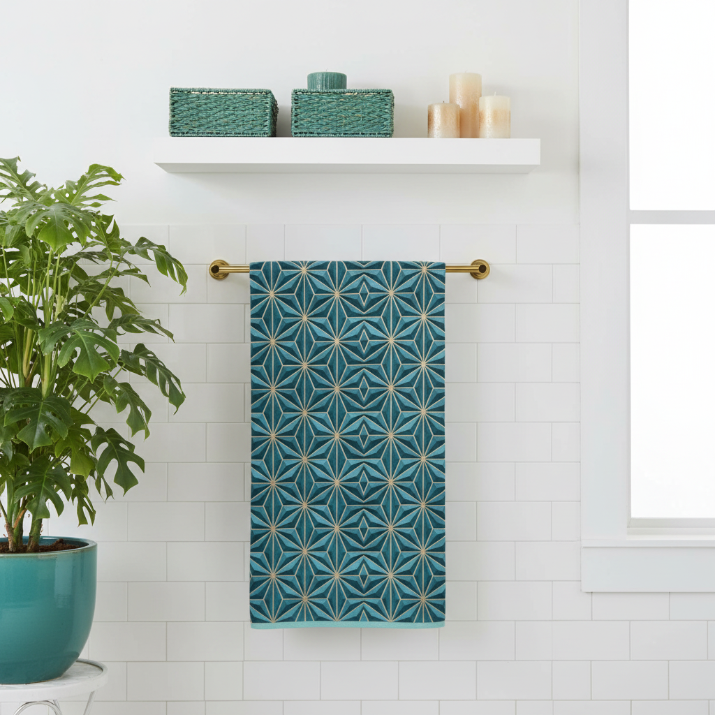Full-size geometric beach towel extended on gold rack in bright bathroom with teal baskets and candles