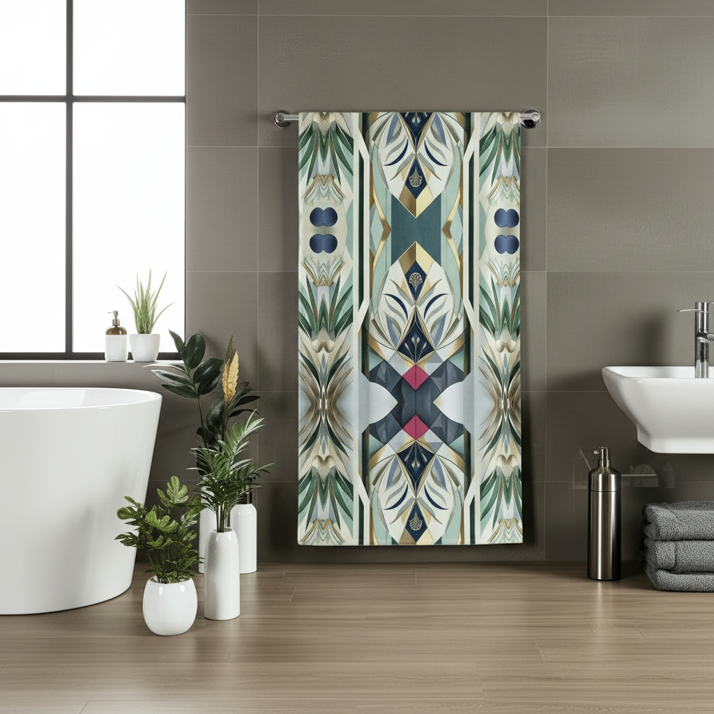 Geometric botanical towel in elegant bathroom with bathtub and plants