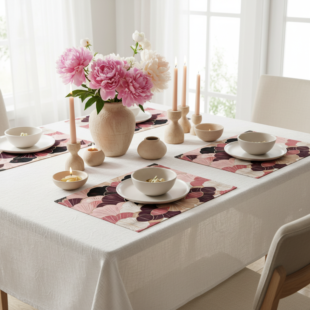 Geometric placemats on white linen tablecloth with beige pottery