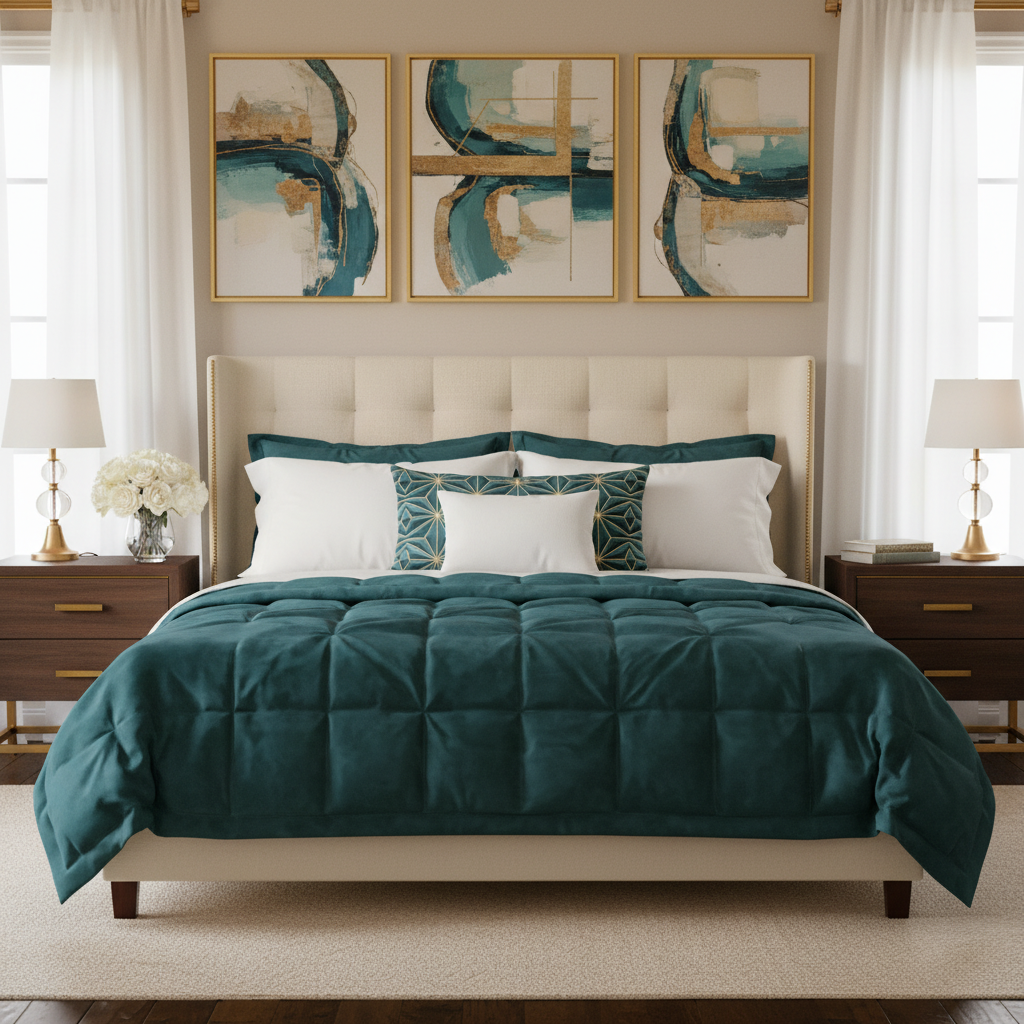 Glamorous bedroom with teal comforter, gold geometric pillows and coordinating teal wall art