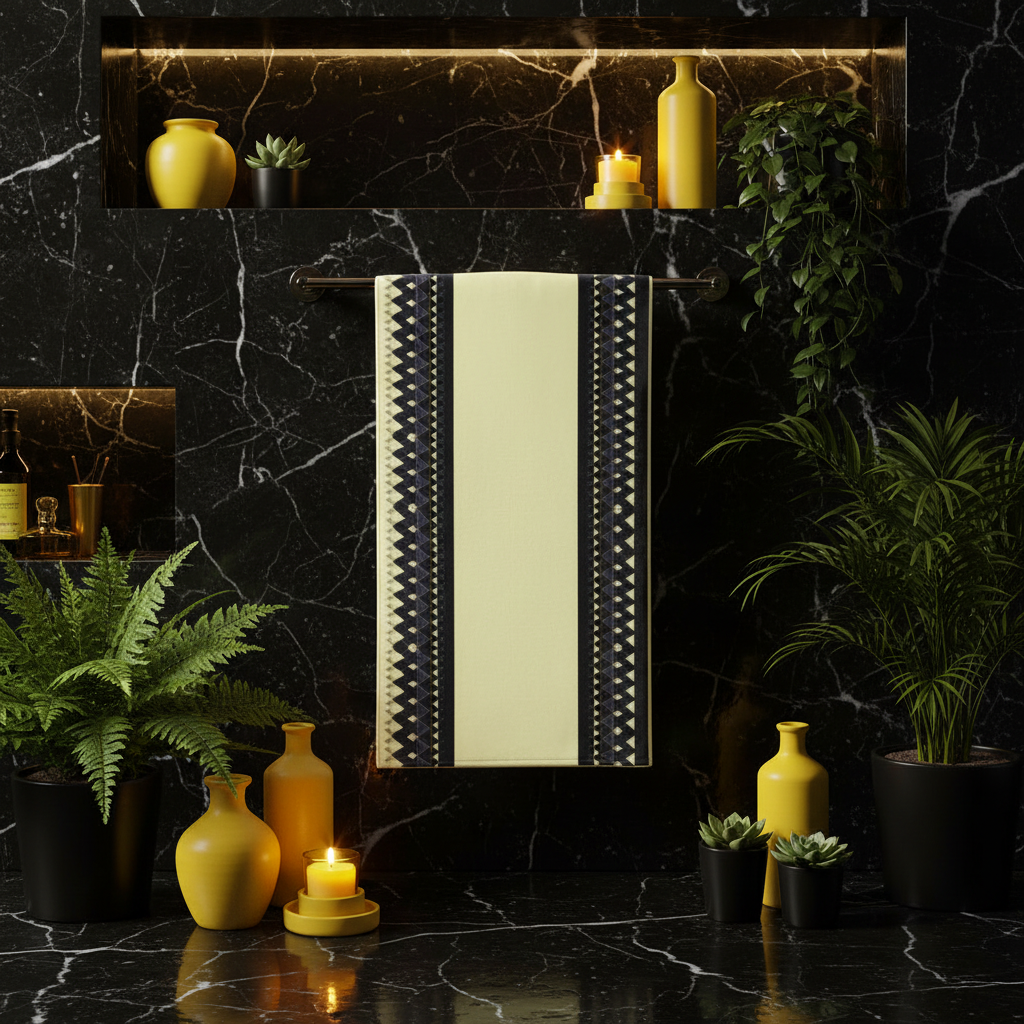 Glamorous dark bathroom with geometric yellow black towel hanging elegantly