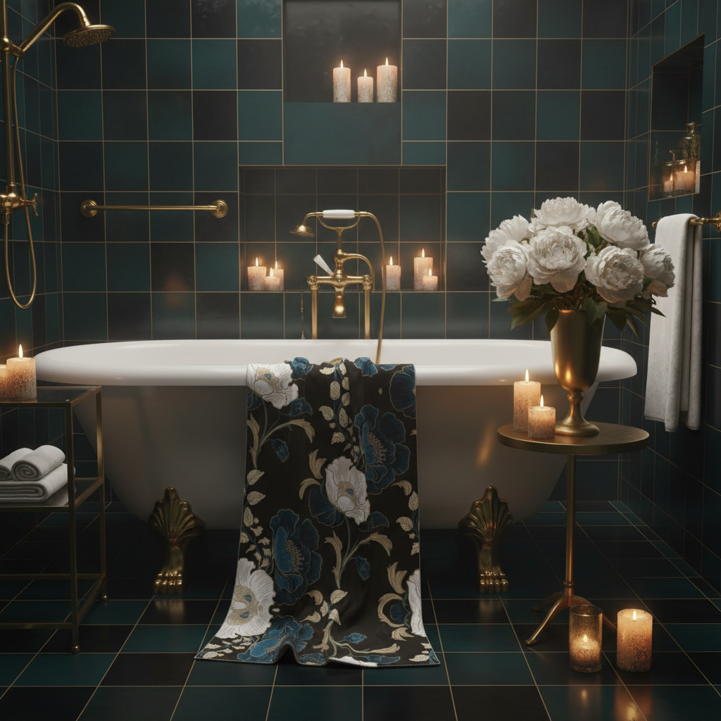 Glamorous dark teal bathroom with floral towel, white peonies and candles