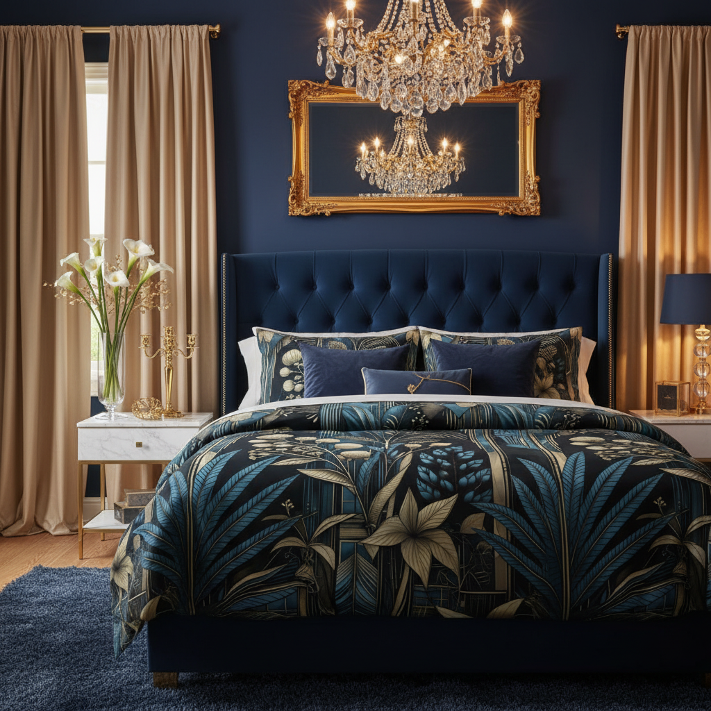 Glamorous midnight blue bedroom with midnight botanical duvet cover