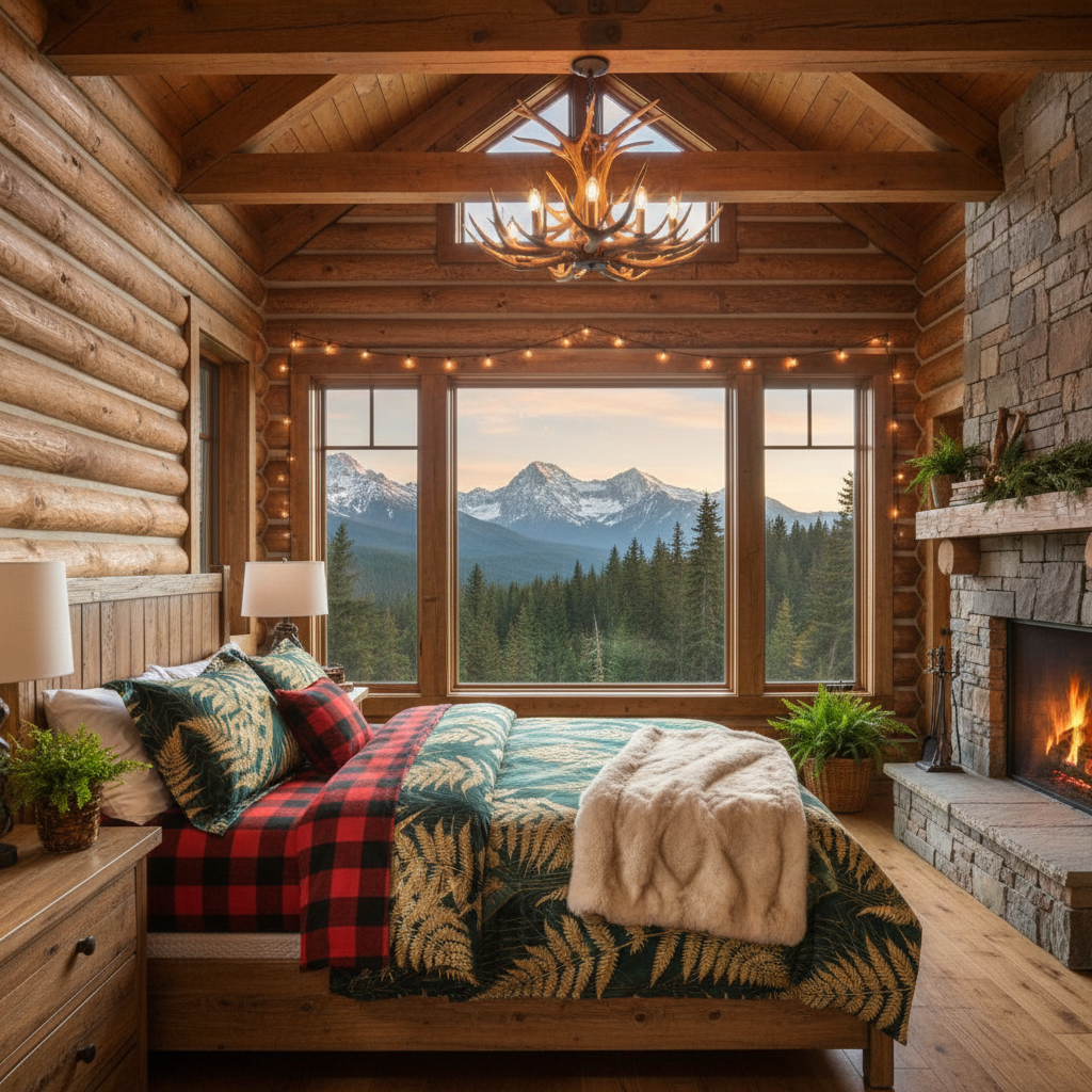 Golden fern king comforter in beautiful log home with forest views