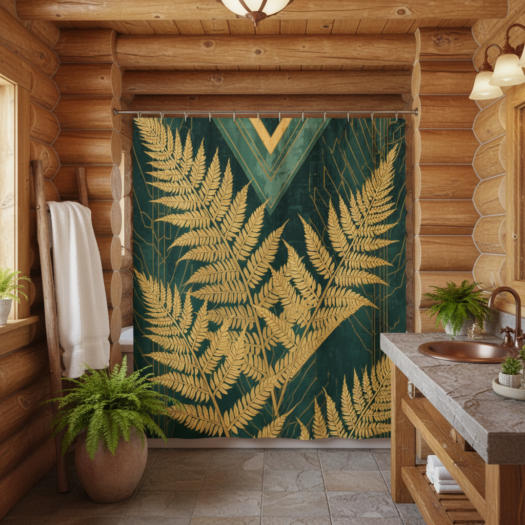 Golden fern shower curtain in cozy log cabin bathroom with natural wood