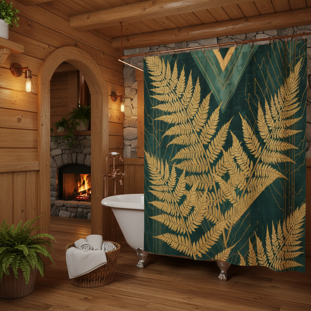 Golden fern shower curtain in cozy mountain log cabin bathroom with clawfoot tub