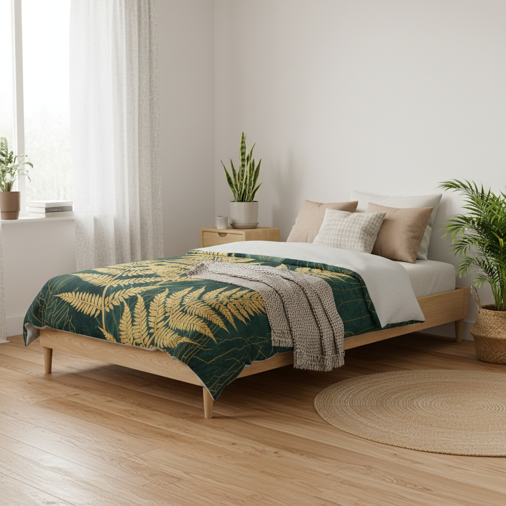 Golden fern twin comforter in natural wood bedroom